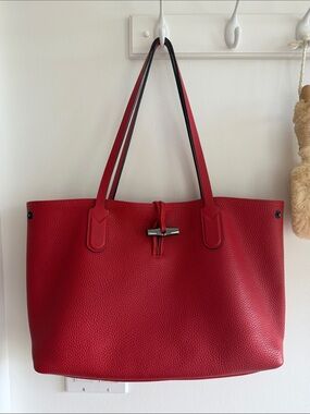 Longchamp Roseau Red Leather Tote Bag Bamboo Toggle